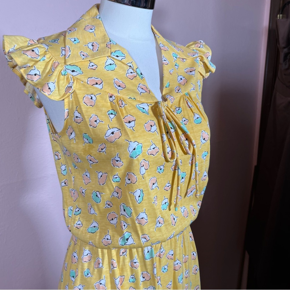 Vintage 1970 JCPenney Mod Yellow Floral Ruffle Bow Summer Midi sun Dress small
